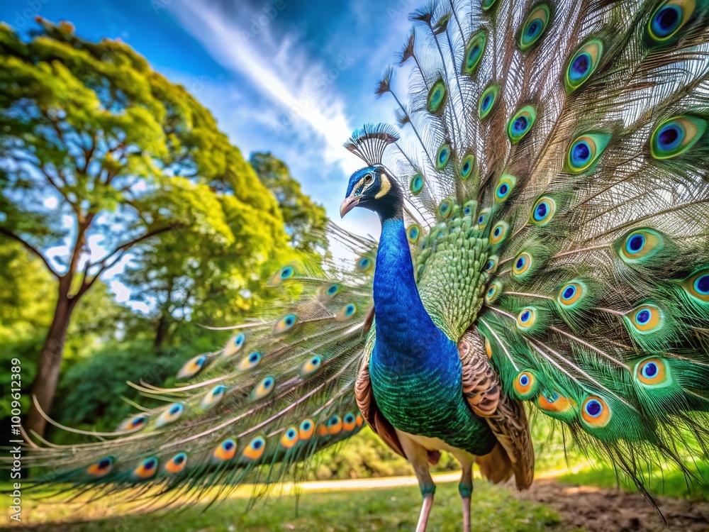 Obraz premium Young Peafowl Displaying Vibrant Feathers in Natural Habitat Captured in Bright Daylight Setting