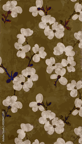  white flowers bloom against a textured brown background in a delicate floral pattern.