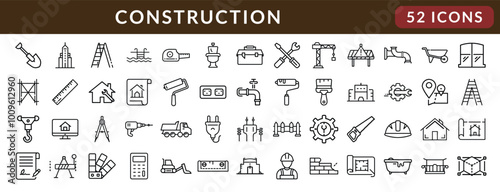 Construction Icon Pack Featuring Building Tools Equipment and Structures thin line icon set