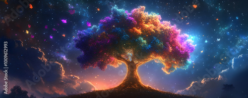 A glowing tree with multicolored leaves floating in a starry sky, symbolizing the limitless imagination. photo