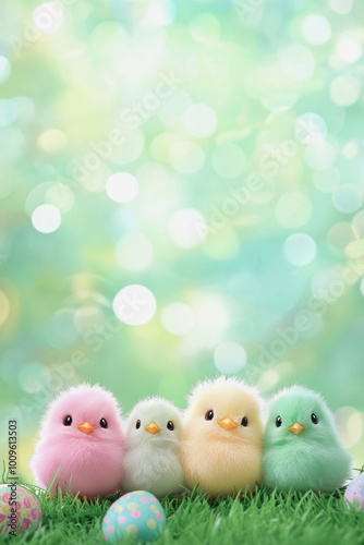 Colorful easter chicks decorate a festive spring backdrop with vibrant pastel eggs in a cheerful outdoor setting