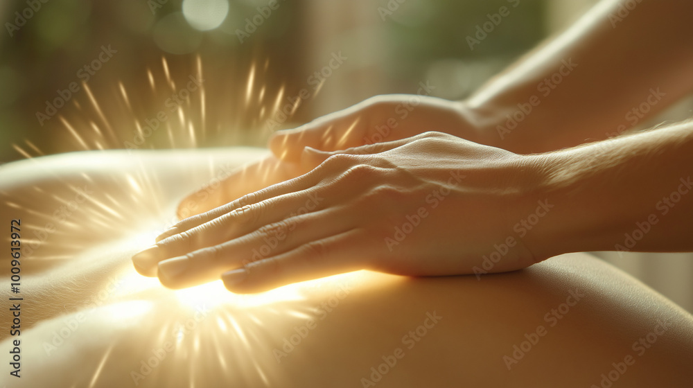 Naklejka premium Hands performing energy healing or massage therapy with a glowing effect
