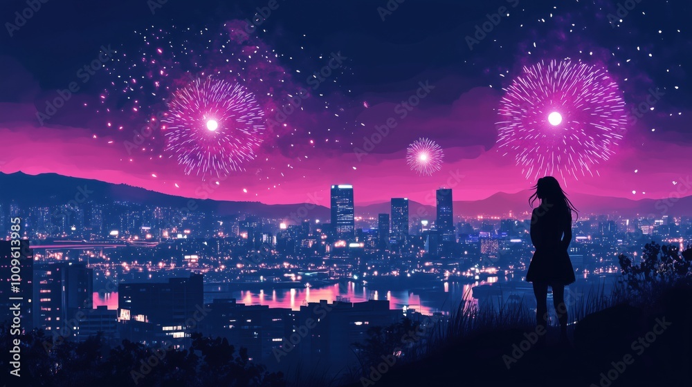 Fototapeta premium Fireworks display over city skyline at night