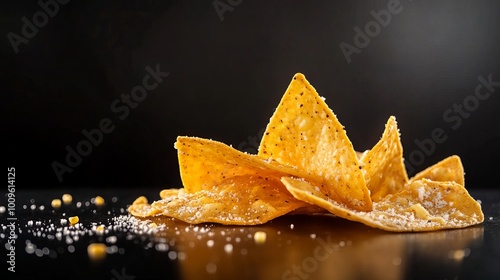 Crispy corn chips and melted cheese adorn a dark background, evoking the tantalizing flavors of Mexican nachos. 