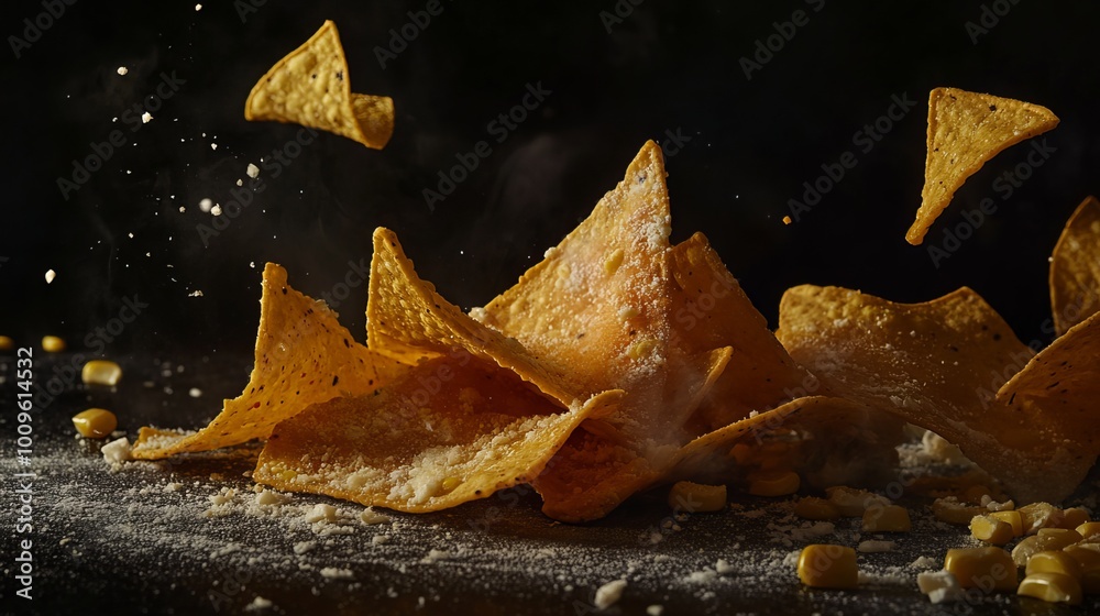Crispy corn chips and melted cheese adorn a dark background, evoking the tantalizing flavors of Mexican nachos. Crispy corn chips and melted cheese adorn a dark background, evoking the tantalizing flavors of Mexican nachos.