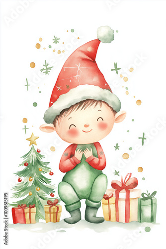 Cute cartoon Christmas elf wearing a festive hat, standing next to a decorated tree and presents, with a cheerful and joyful expression in a playful holiday scene