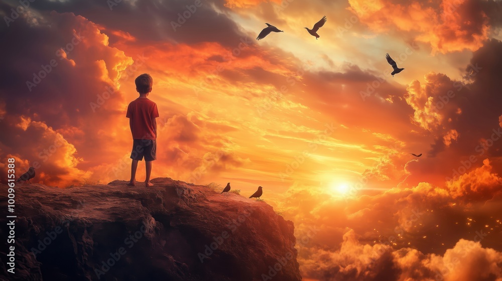 Obraz premium Child gazing at sunset with birds in sky