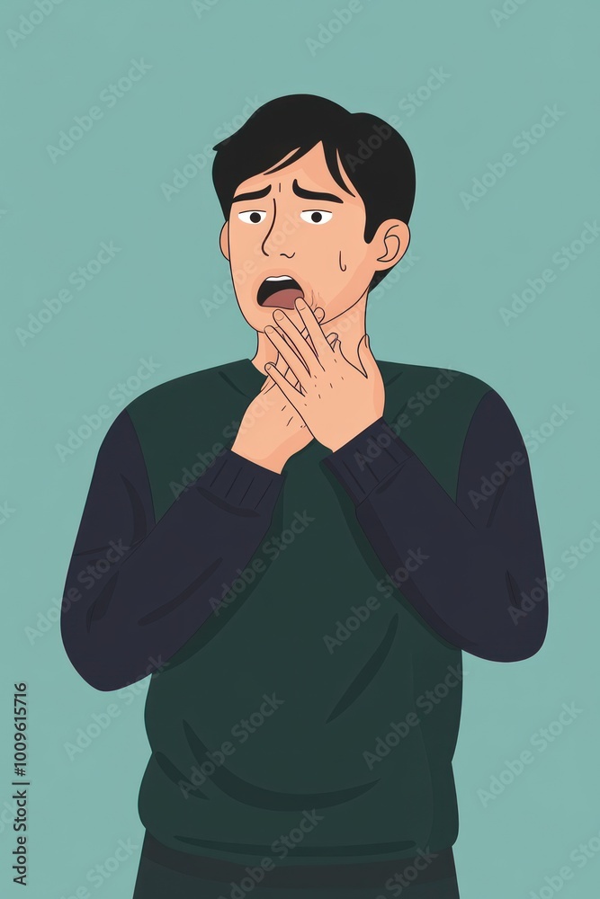 A worried man with a hand on his throat, expressing concern or anxiety. A worried man with a hand on his throat, expressing concern or anxiety.