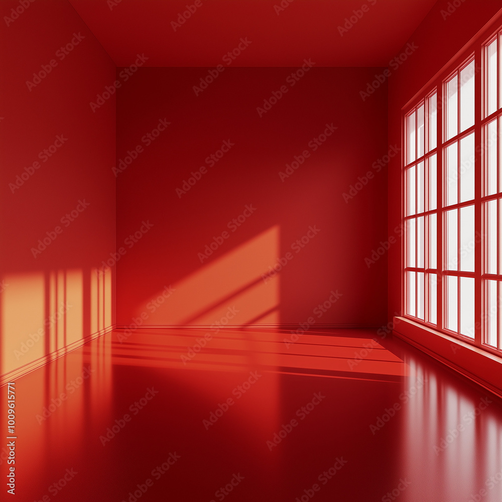 Empty red room with large windows and sunlight casting shadows Empty red room with large windows and sunlight casting shadows
