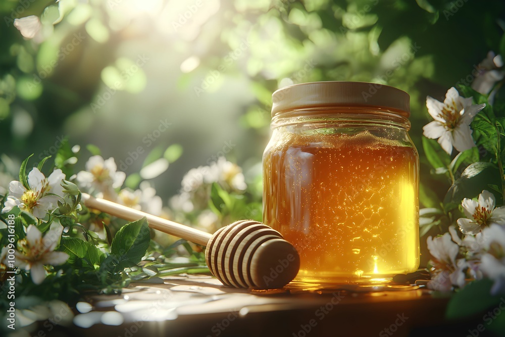 Golden honey jar surrounded by flowers in a serene garden setting