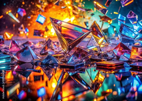 Abstract Art of Shattered Glass Fragments with Reflections and Light Creating a Unique Visual Effect