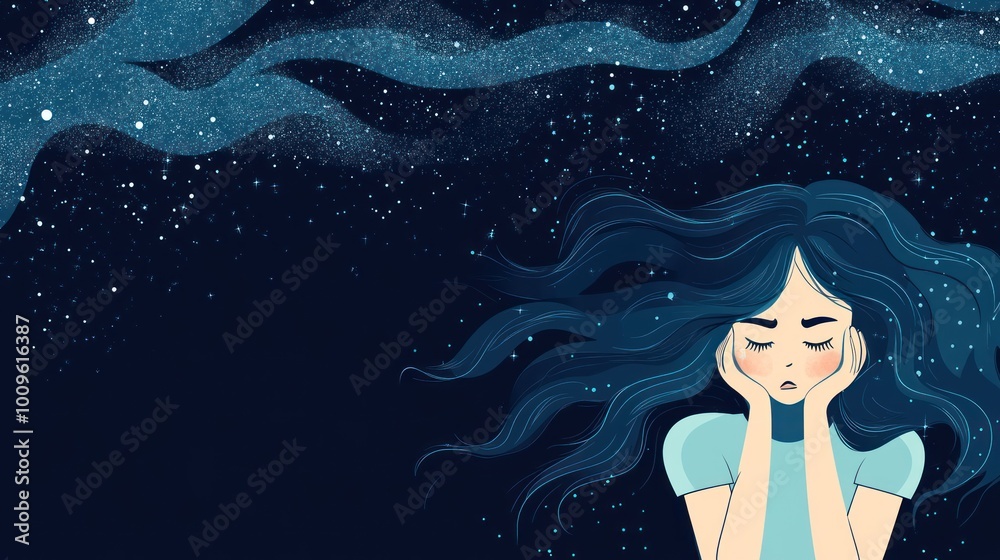 A woman with flowing hair expresses emotion against a starry night background. A woman with flowing hair expresses emotion against a starry night background.