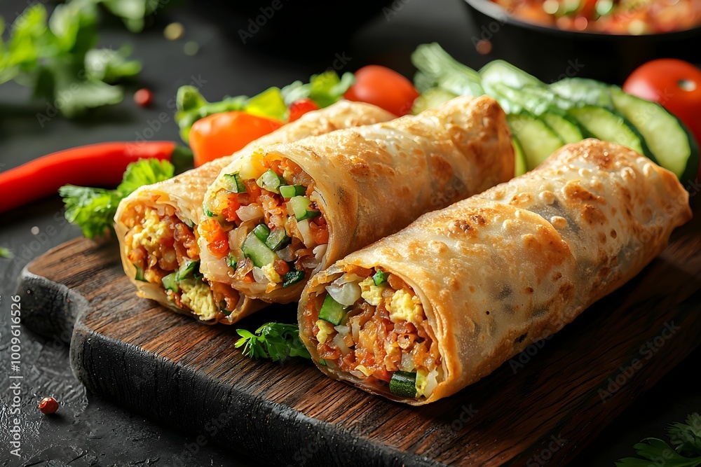 Delicious vegetable rolls served on a wooden board with fresh greens