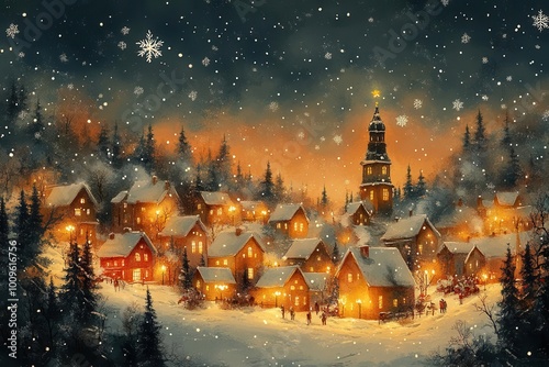charming illustration of a festive christmas scene filled with warm colors and joyful elements such as snowflakes and decorations bringing the holiday spirit to life