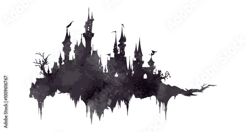 Halloween Castle watercolor silhouette isolated on white background. Haunted house ghost spooky watercolor painting vector illustration