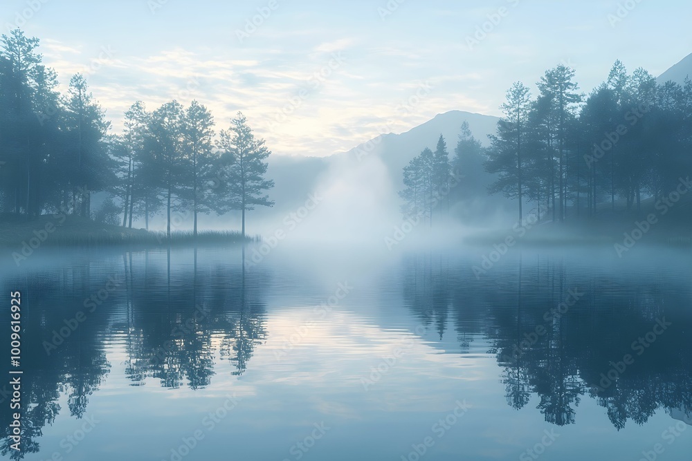 Misty morning over a tranquil lake surrounded by trees at dawn Misty morning over a tranquil lake surrounded by trees at dawn