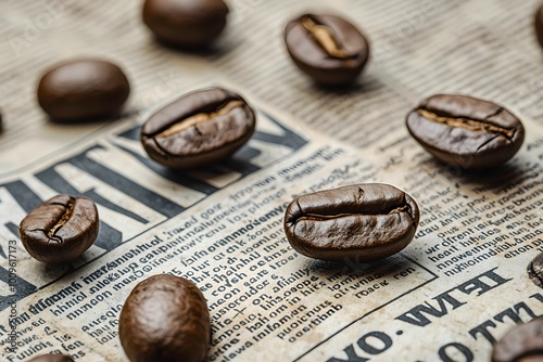 Coffee beans arranged on newspaper with a rustic feel and texture