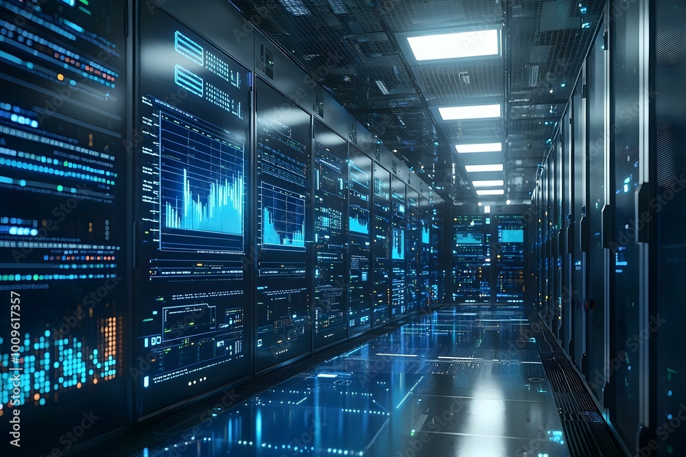 Fototapeta premium Advanced data center with glowing server racks and digital displays