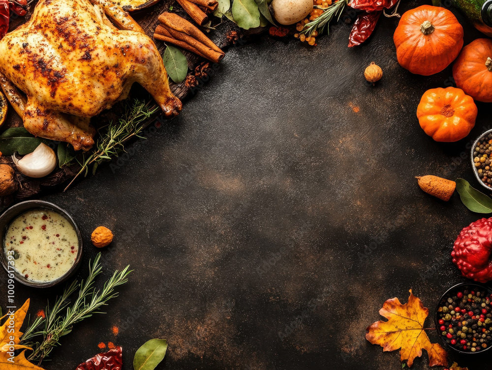 A rustic autumn harvest arrangement with colorful produce and a roasted turkey centerpiece
