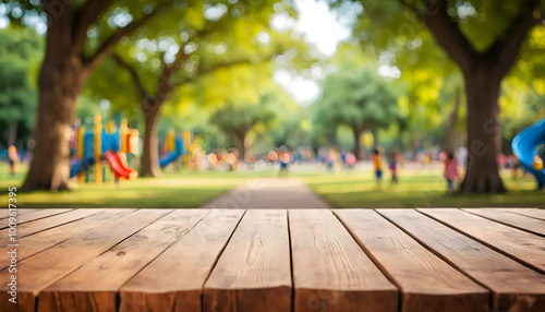 wooden table in park abstract blur background 