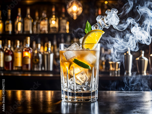  A glass of vibrant cocktail with smoke in a polished bar counter, Generated By Ai