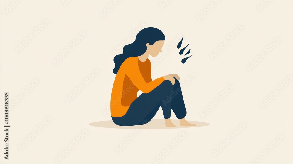 Fototapeta premium A woman sitting with her knees hugged, expressing sadness or contemplation.