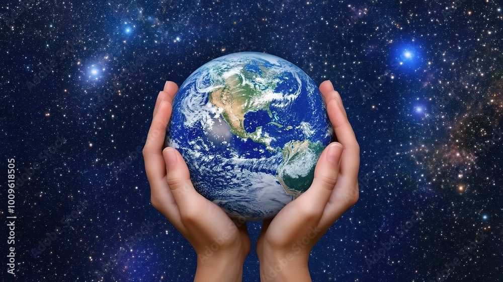 Hands Holding Earth Under a Starlit Sky Hands Holding Earth Under a Starlit Sky