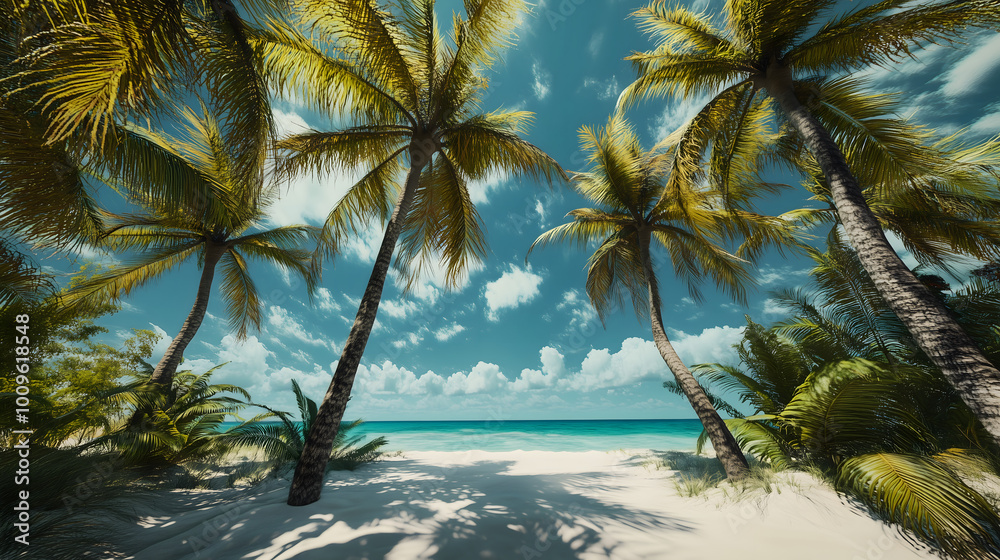 Vibrant Tropical Beach with Coconut Trees – A Lively Summer Vacation Scene Vibrant Tropical Beach with Coconut Trees – A Lively Summer Vacation Scene