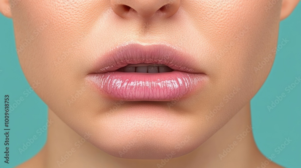 Close-up of lips with a smooth texture against a teal background. Close-up of lips with a smooth texture against a teal background.