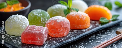 Soft mochi balls sprinkled with powdered sugar, traditional Japanese confectionery. photo