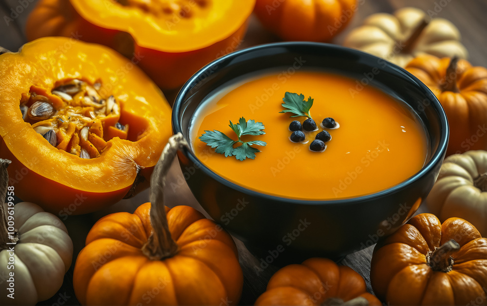 Bowl of pumpkin cream soup. Delicious home cooking. Autumn mood. Recipes for home cooking. Bowl of pumpkin cream soup. Delicious home cooking. Autumn mood. Recipes for home cooking.
