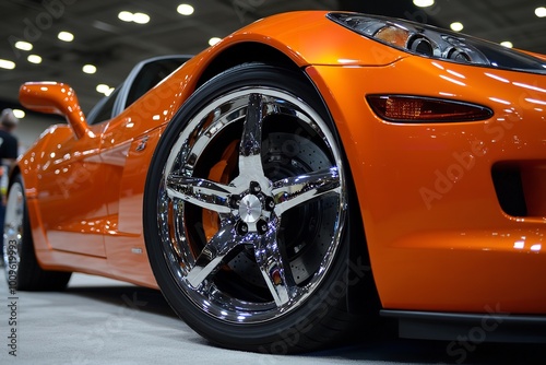 A sleek orange sports car with polished chrome and stylish tires displays its intricate wheel design at an auto show. photo