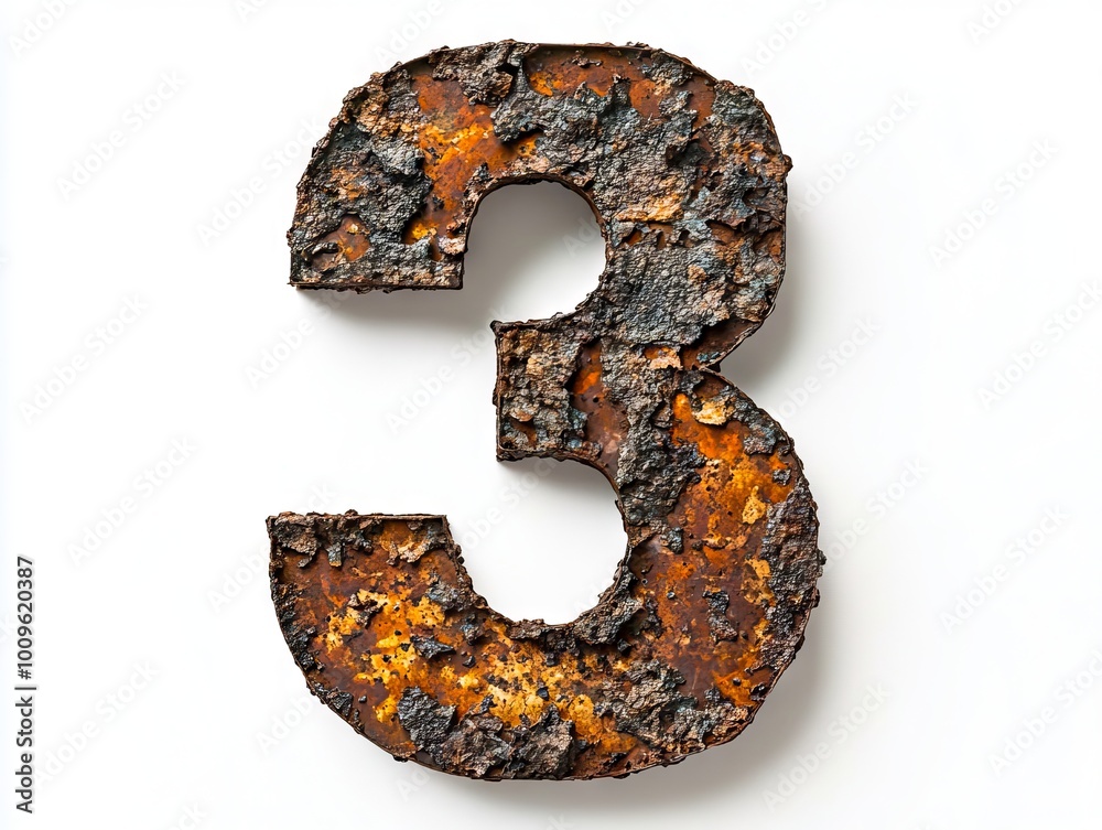 A rusty metal number 3 on a white background A rusty metal number 3 on a white background