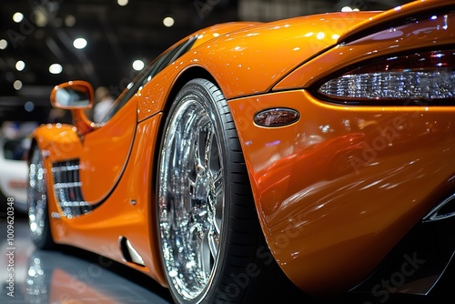 A sleek orange sports car with polished chrome and stylish tires displays its intricate wheel design at an auto show.