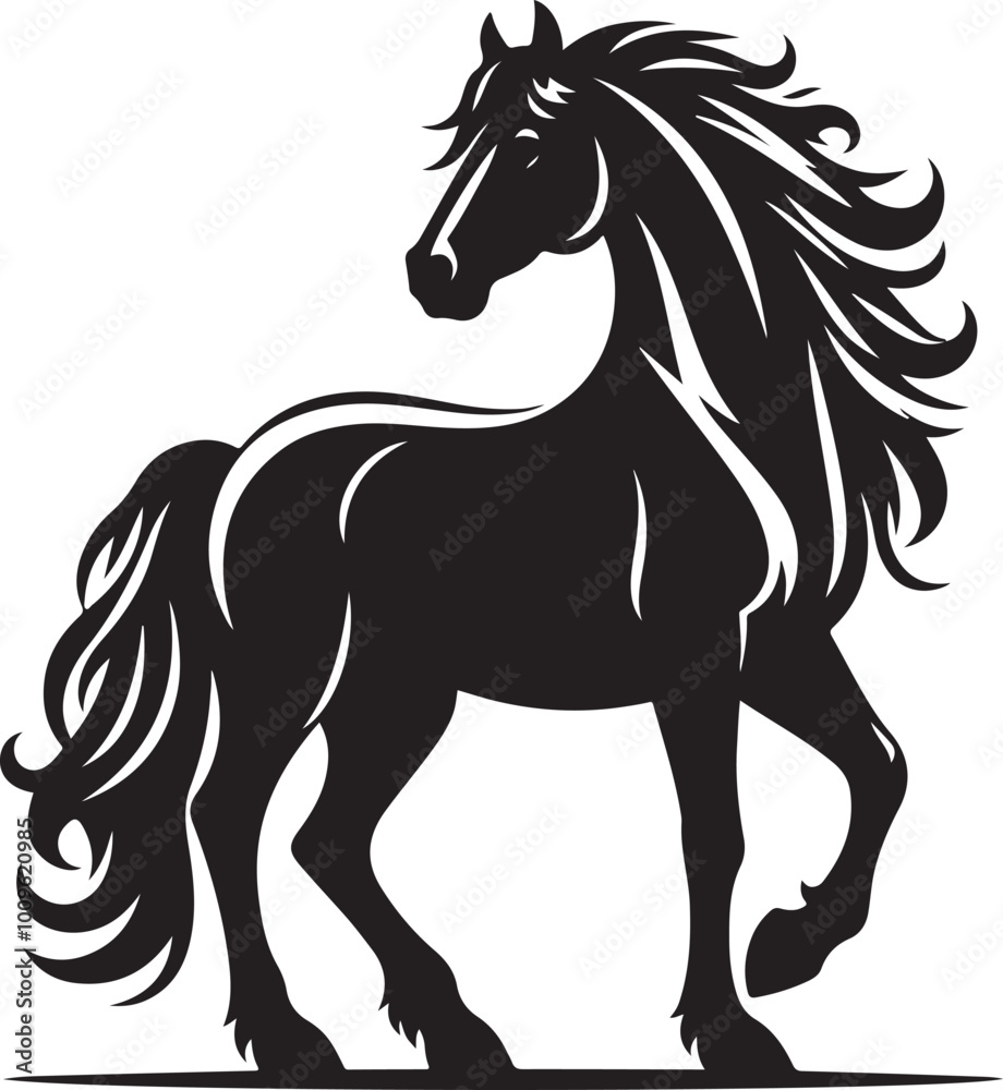A black and white drawing of a horse with a black tail A black and white drawing of a horse with a black tail
