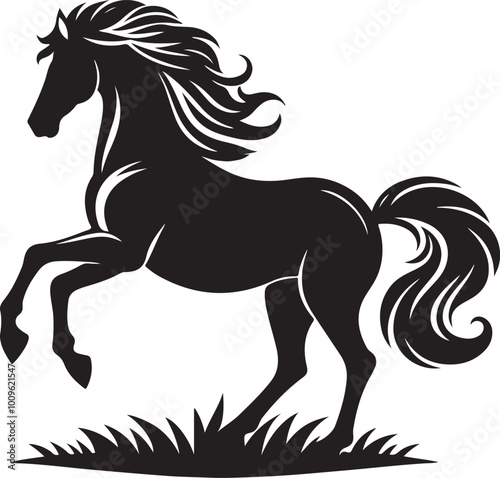 A black and white drawing of a horse with a black tail