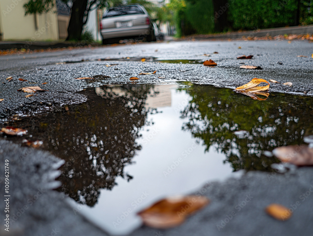 Fototapeta premium Autumn leaves float serenely in a puddle reflecting old buildings on a rainy day