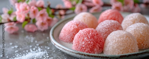 Soft mochi balls sprinkled with powdered sugar, traditional Japanese confectionery. photo