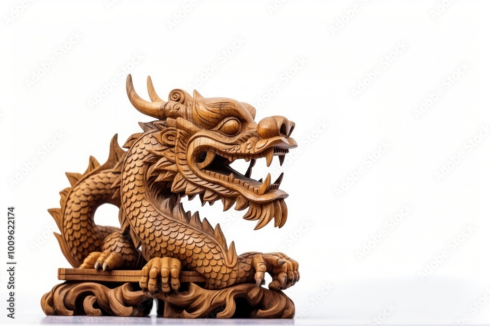 Fototapeta premium A chinese dragon tradition wood white background.