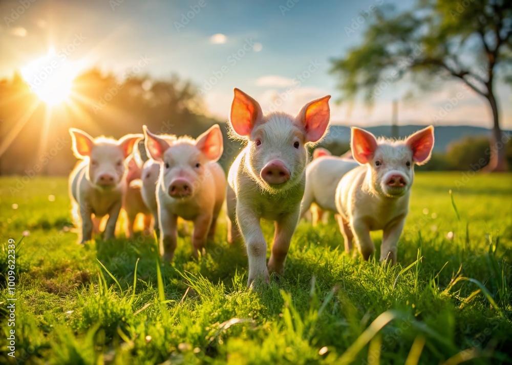 Adorable and Playful Baby Pigs Frolicking in Green Grass Under Bright Sunshine in a Farm Setting Adorable and Playful Baby Pigs Frolicking in Green Grass Under Bright Sunshine in a Farm Setting