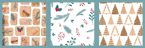 Christmas seamless Patterns in eco friendly style. Gift in craft paper with organic Decorations, handmade wooden Christmas Tree, branches and Berries Background. Cute modern natural pattern set
