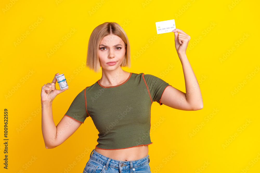 Photo of minded puzzled girl with bob hairdo dressed khaki crop top holding credit card dollars isolated on yellow color background Photo of minded puzzled girl with bob hairdo dressed khaki crop top holding credit card dollars isolated on yellow color background