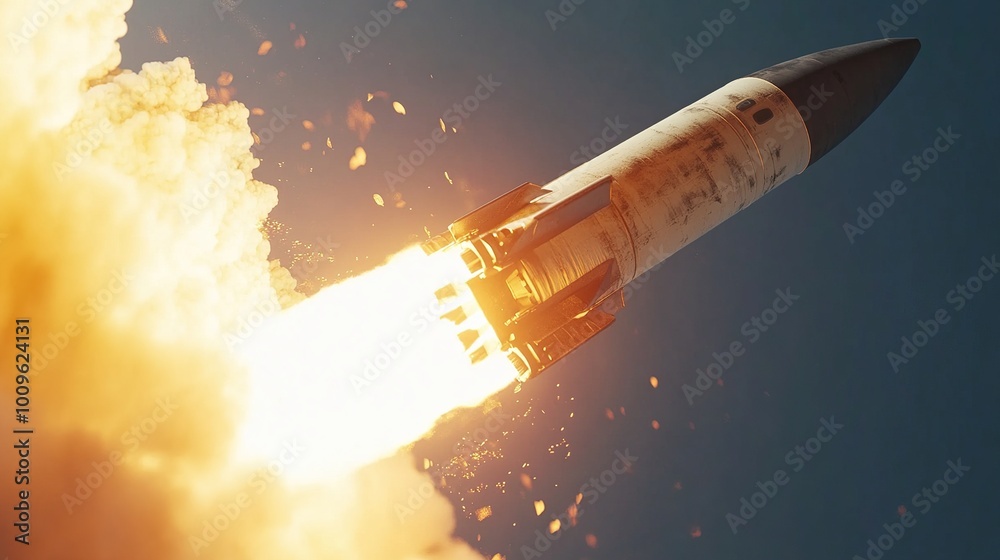 Obraz premium Rocket launching with flames and smoke.