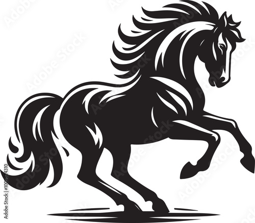A black and white drawing of a horse with a black tail