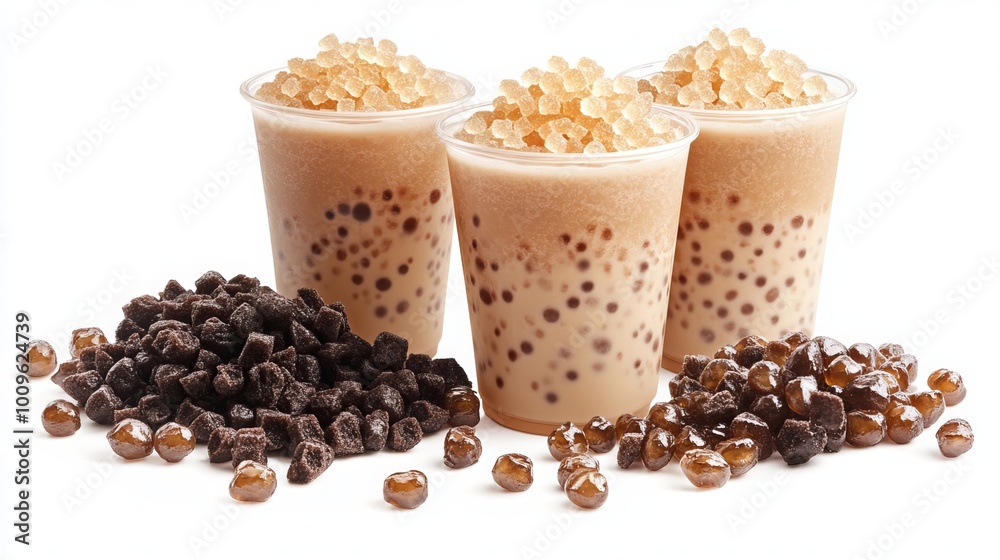 Pearl milk tea with brown sugar and tapioca pearls, over white background. Pearl milk tea with brown sugar and tapioca pearls, over white background.