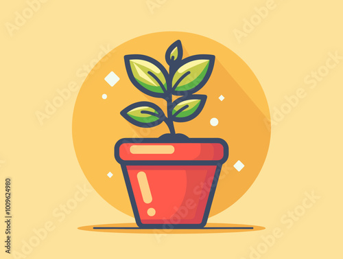 A cartoonish illustration of a plant in a red pot is displayed. The plant is a leafy green, and the pot is a bright red color. The image has a playful and whimsical feel to it