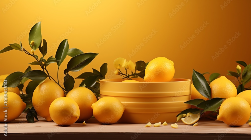 Background lemon podium product fruit platform cosmetic scene display citrus yellow.