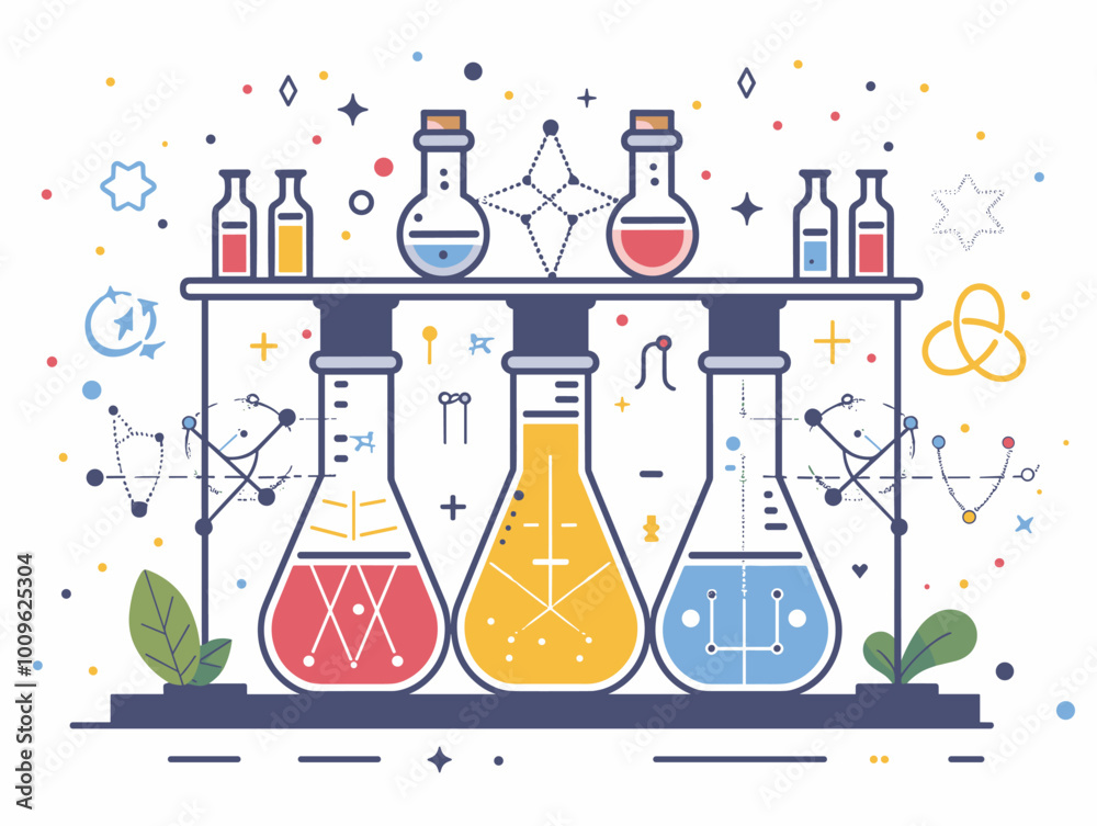 Three beakers with different colored liquids in them are on a shelf. The beakers are arranged in a row, with the middle one being the tallest. The image has a scientific theme, with the beakers Three beakers with different colored liquids in them are on a shelf. The beakers are arranged in a row, with the middle one being the tallest. The image has a scientific theme, with the beakers
