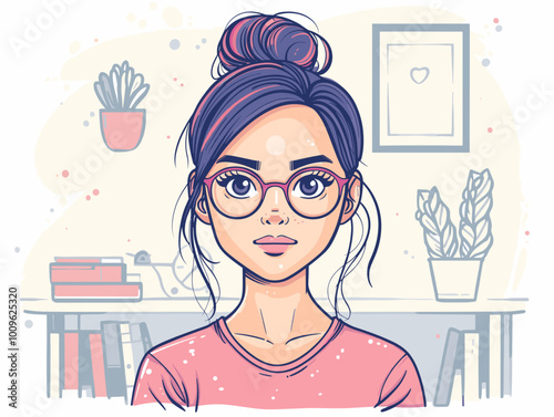A girl with glasses and a bun on her head. She is looking at the camera. The room has a lot of books and a potted plant