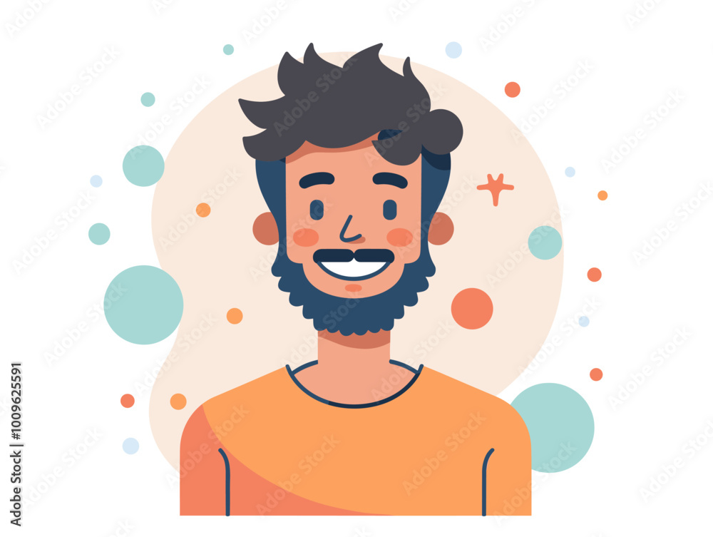 A man with a beard and a smile on his face. He is wearing an orange shirt. The background is filled with colorful circles A man with a beard and a smile on his face. He is wearing an orange shirt. The background is filled with colorful circles